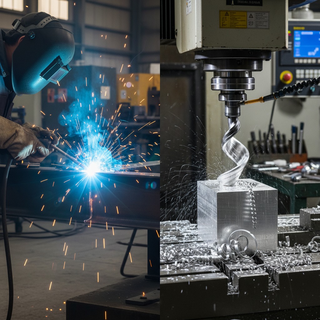 Ein zweigeteiltes Bild zeigt links einen Schweißer bei der Arbeit mit grellen Funken und rechts eine Fräsmaschine, die Metall bearbeitet.
