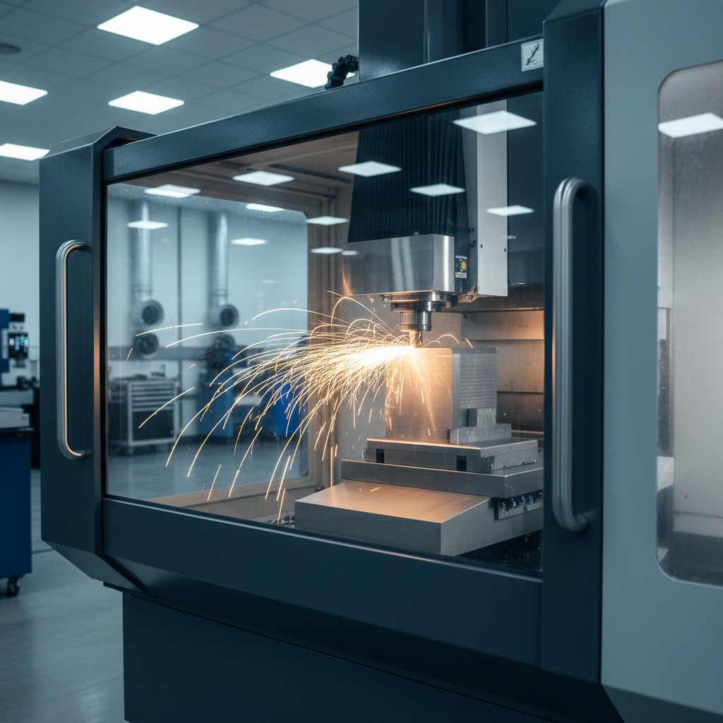 Eine moderne CNC-Fräsmaschine bearbeitet ein Metallstück, wobei helle Funken fliegen.